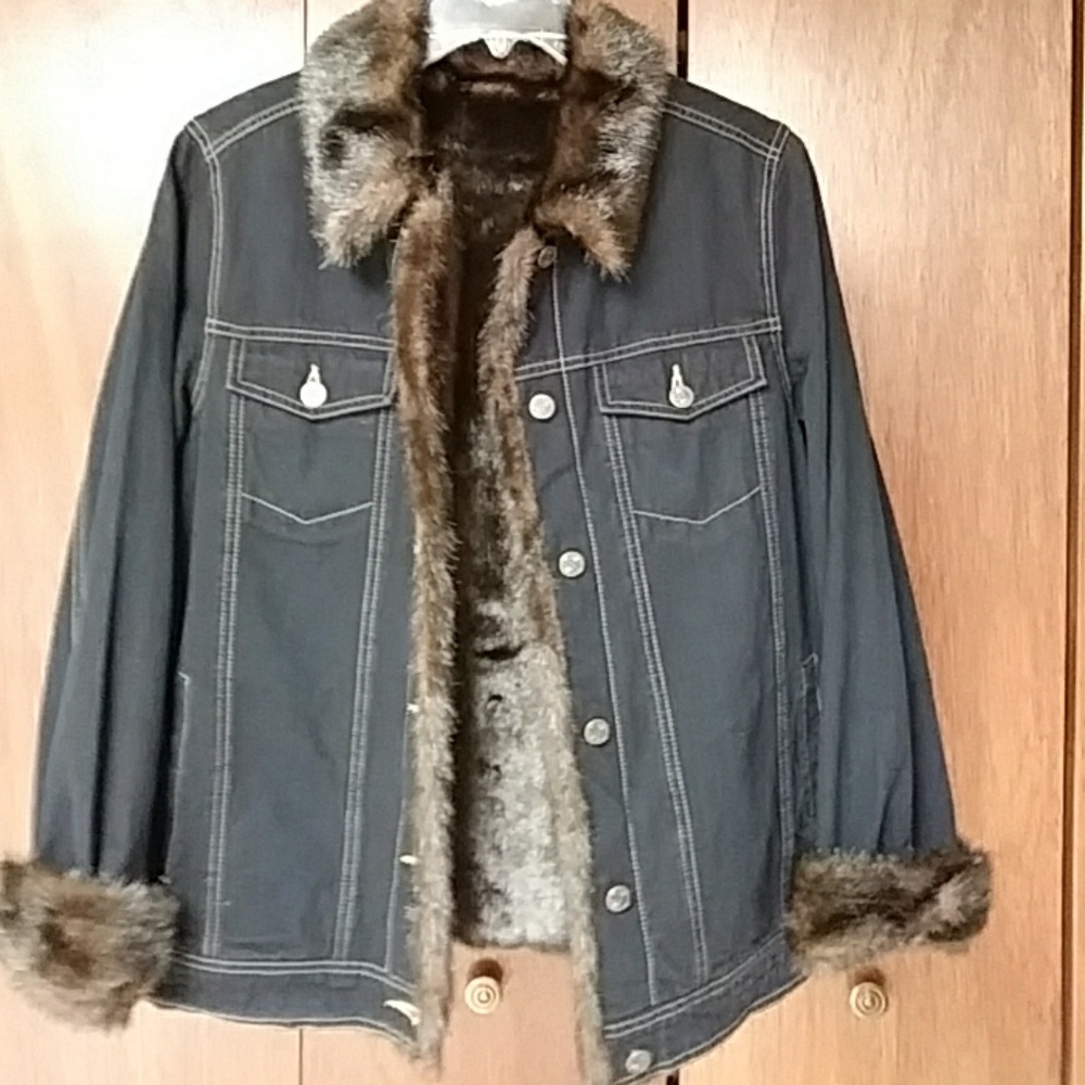 Dennis Basso Denim Jean Jacket with Faux Fur Trim